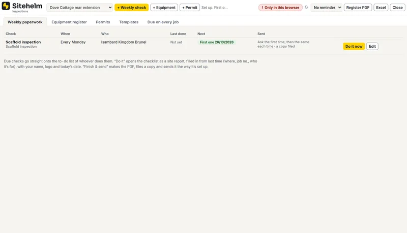 Weekly checks, on time, in Sitehelm PRO