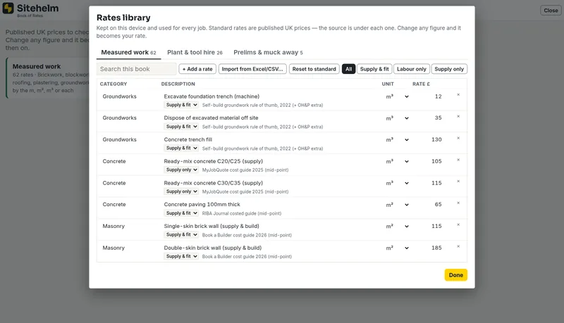 Book of rates, in Sitehelm PRO