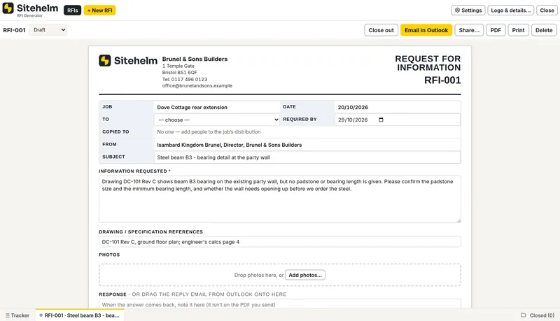 RFIs, numbered for you, in Sitehelm PRO