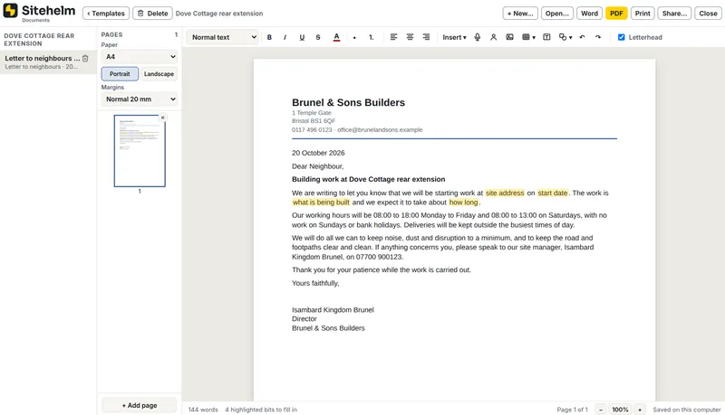 Letters on your letterhead, in Sitehelm PRO