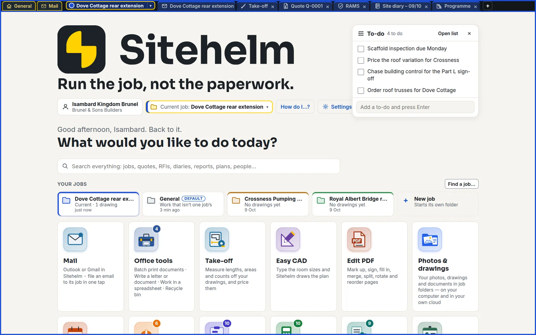 Sitehelm home page with a list of jobs (a house extension, Crossness Pumping Station and the Royal Albert Bridge), a to-do list and the tools laid out as tiles