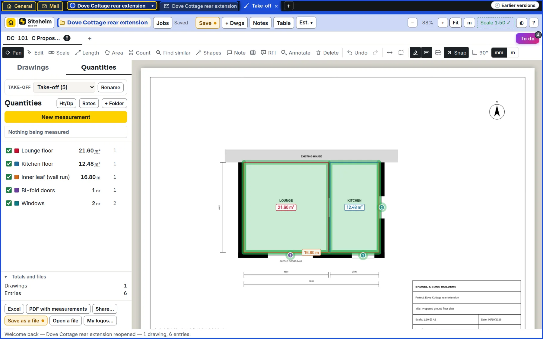 Take-off with lengths, areas and counts measured on a floor plan